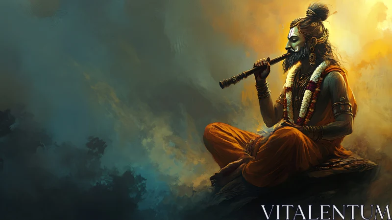 Bearded sage in orange robes playing wooden flute.