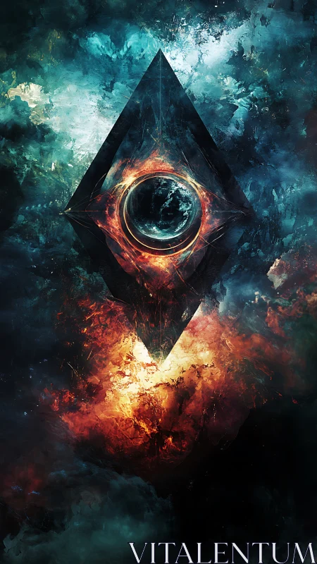 Geometric void structure enclosing planet within nebular field.