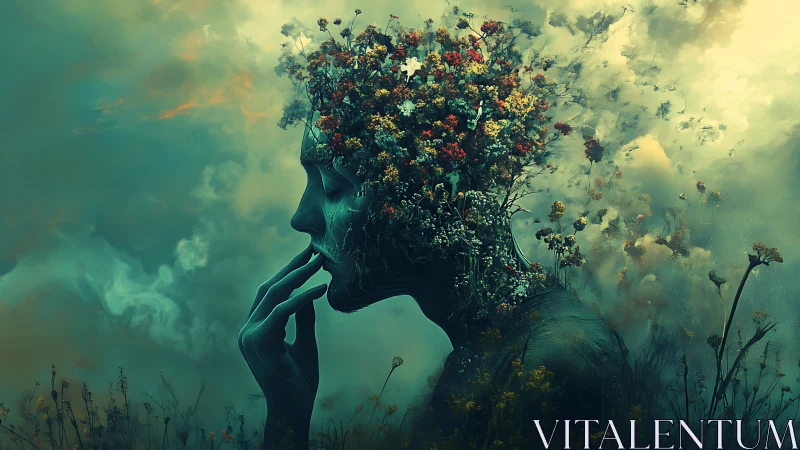Surreal botanical portrait with blooming cerebral landscape.