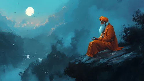 Meditative sage in saffron robes overlooking a moonlit valley