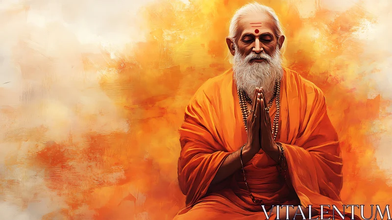 Elderly monk sits in prayer pose before orange abstract field