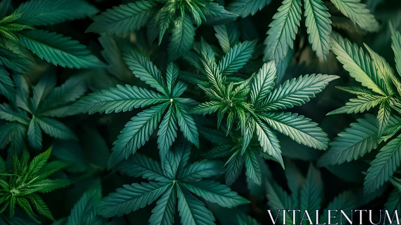 Dense overhead view of green cannabis plant foliage.