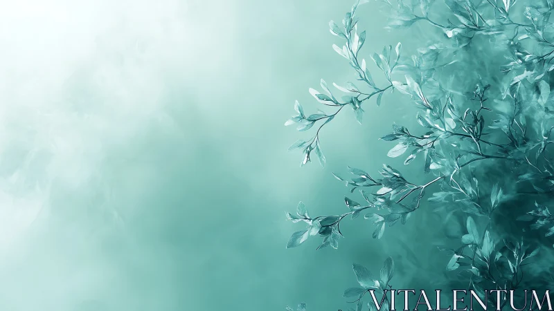 Delicate Greenery Branches on Soft Aqua Mist Background, Minimalist Art.