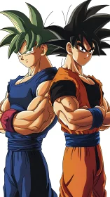 Back-to-back anime warriors display dynamic color contrast