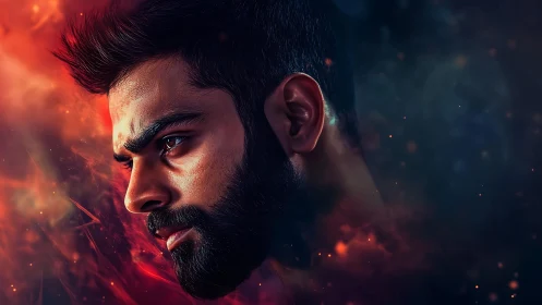 Intense bearded man portrait in fiery cosmic lighting.