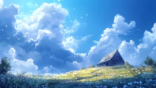 Sunlit wildflower meadow with rustic cabin under cumulus sky.