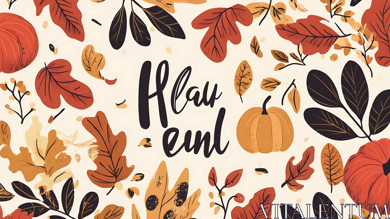 Autumn pumpkins and leaves surround bold central lettering