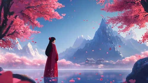 Crimson wanderer listens softly as cherry mountains breathe