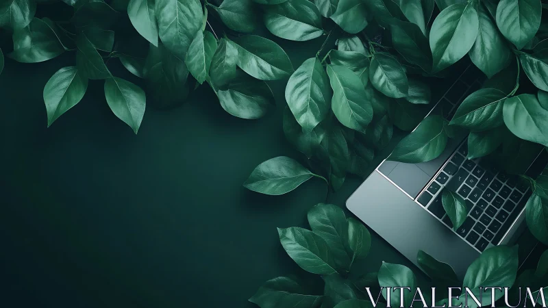 Laptop nestles in lush green foliage evoking eco friendly tech.
