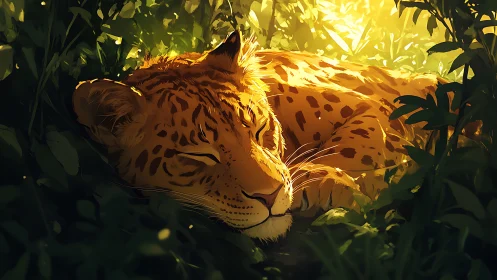 Spotted Leopard Resting in Dappled Sunlight Through Foliage.