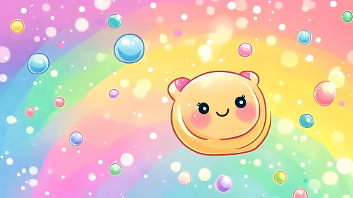 Cheerful Bear Character Among Floating Bubbles