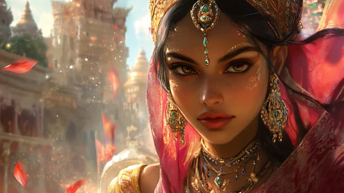 Regal woman in jeweled attire before ornate palace scene.