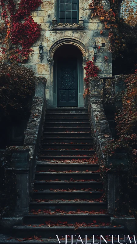 Gothic stone staircase ascends to ivy-clad autumn doorway