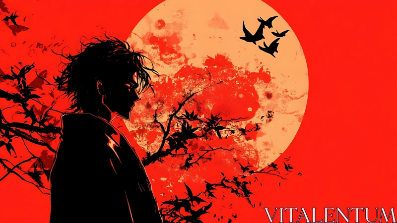 Silhouetted figure stands before distressed red sun backdrop