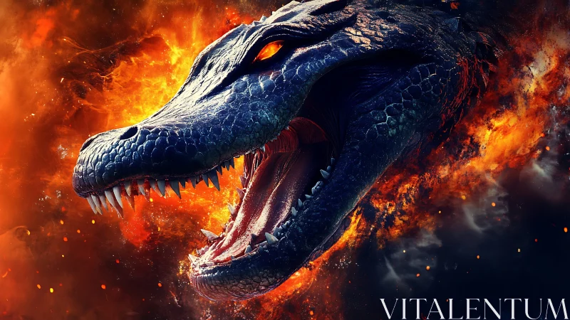 Digital dragon head rendered amid fire and smoke background