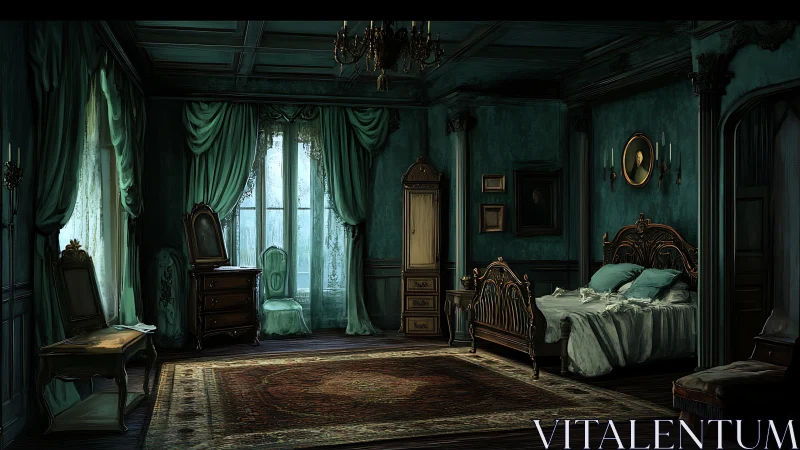 Whispering teal bedroom where antique shadows linger softly.