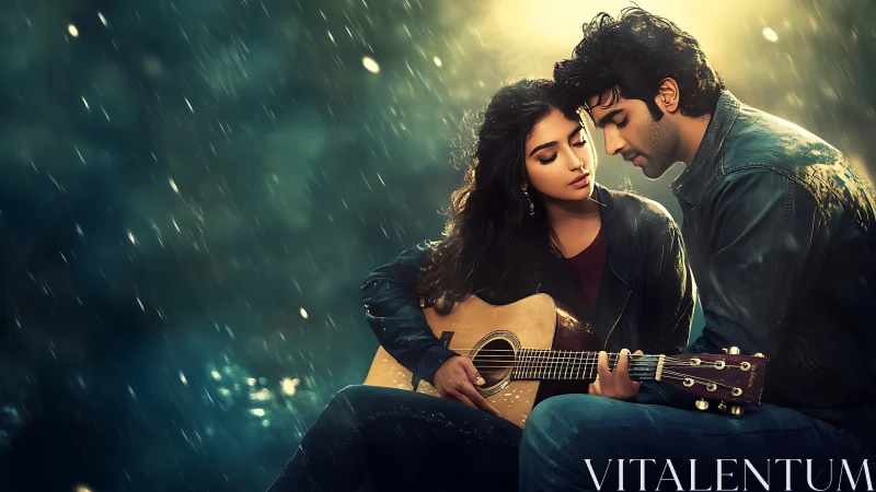 Intimate Moment: Couple Sharing Guitar in Rain.