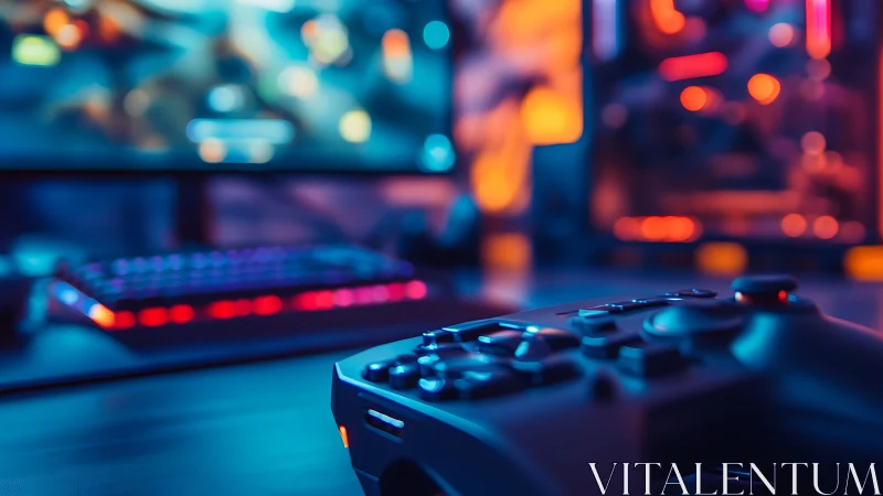 Photorealistic RGB gaming controller with blurred battlestation background.