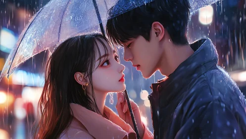 Two figures positioned face-to-face under translucent umbrella in rainfall setting.