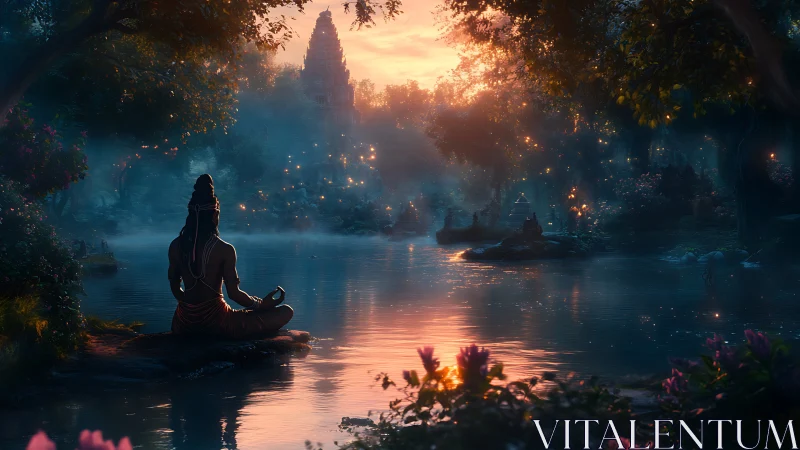 Soft dawn meditation welcomes a tranquil riverside temple