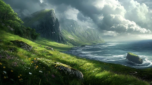 Stormlit coastal cliffs with emerald meadows and wildflowers.