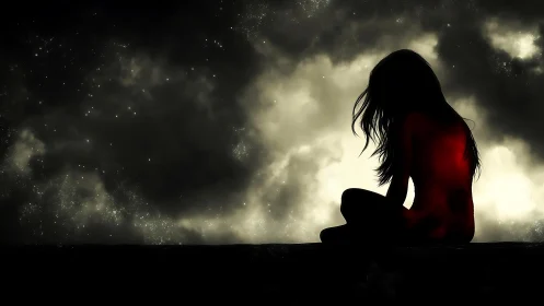 Luminous girl in starlit dusk, cradled by cosmic shadow.