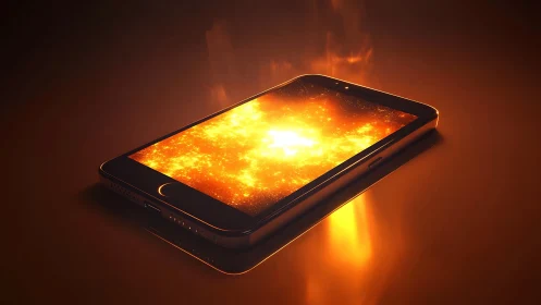 Smartphone displaying intense fire and heat radiation effect.