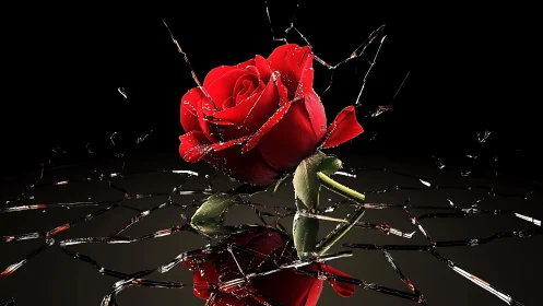 Red rose rising gently from a web of shattered glass.
