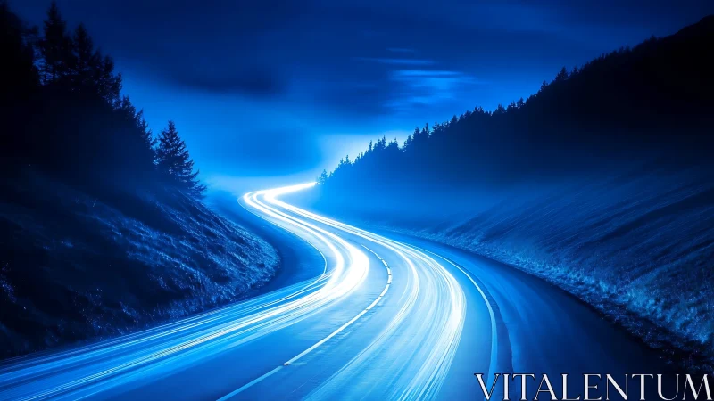 Curved mountain highway glows with blue light trails at night