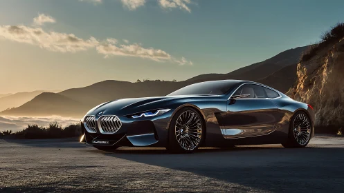 Photorealistic metallic coupe with sunset coastal backdrop.