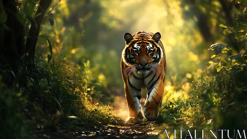 Golden forest light welcomes a calm tiger on the path