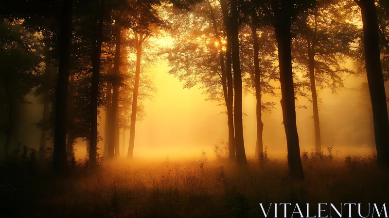 Golden sunrise glows gently through a quiet misty forest