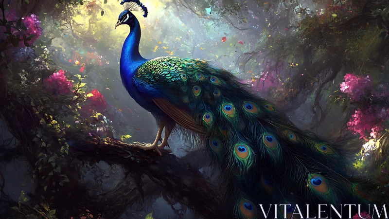 Iridescent peacock commands luminous enchanted forest perch.
