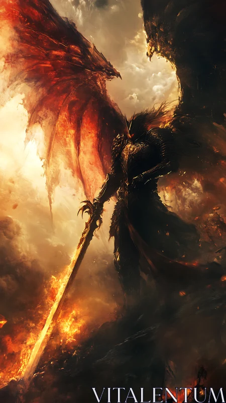 Armored hellknight with flaming greatsword framed by infernal wings