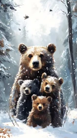 Winter bear family gathered in softly painted snowfall scene.