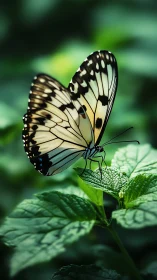 Macro study of white black-veined butterfly on green foliage