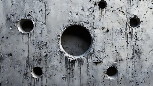 Concrete wall surface shows circular holes and erosion damage