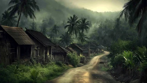 Mist-kissed jungle village road under waking mountain light.