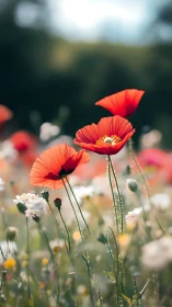 Vibrant Red Poppies Backlit Against Blurred Garden Landscape.