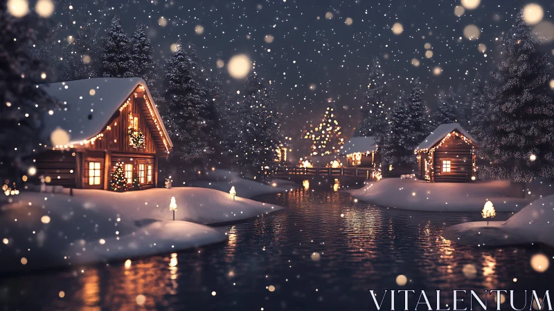 Snow-covered cabin village with winter river and lights.