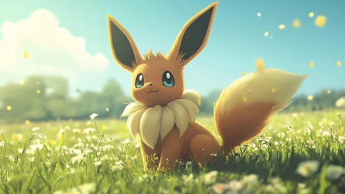 Eevee character sits in daylight field amid scattered flowers