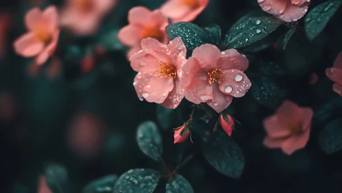 Pink camellia flowers with water droplets on dark foliage.