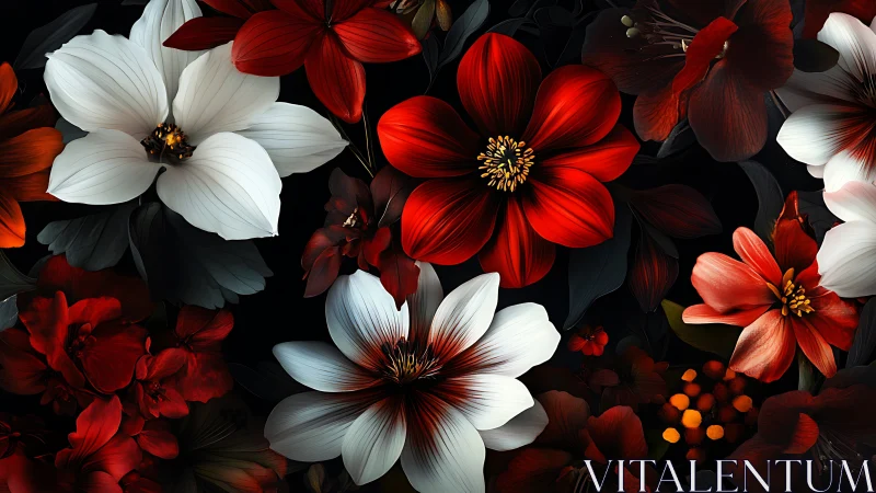 High-Contrast Floral Composition with Red and White Petals Against Black Background