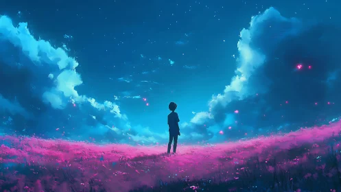 Stargazing dreamer in neon meadow under listening clouds.