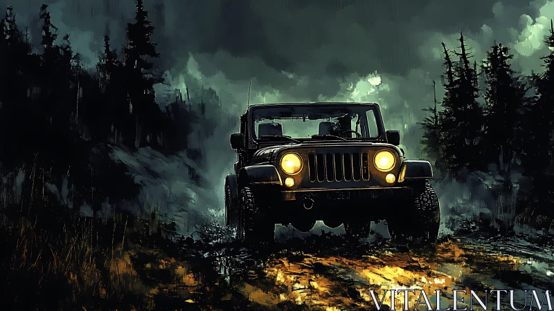 Off-road 4x4 jeep with headlights in stormy forest trail