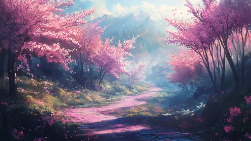 Cherry blossom forest path under soft mountain light.