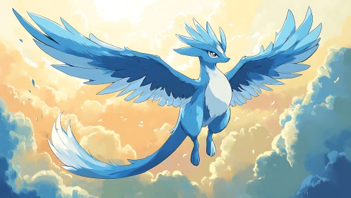 Skyborn ice phoenix glides through molten dawn clouds.