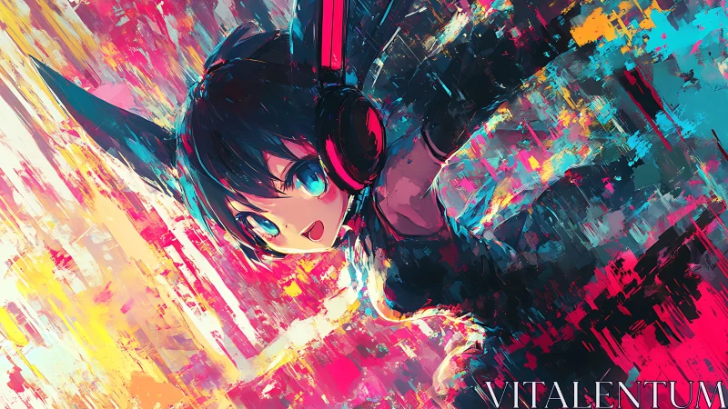 Neon eared DJ girl surfing a wild glitch paintstorm.