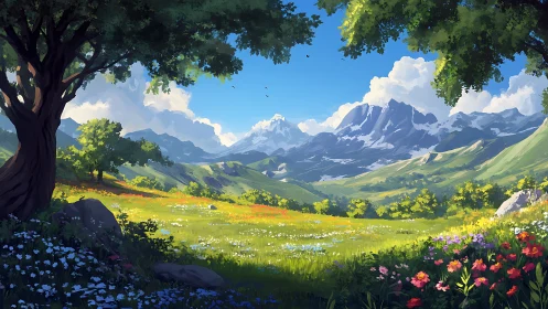 Sunny wildflower meadow below distant snow capped mountains.