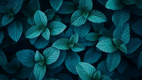 Teal mint foliage in dramatic top-down macro composition.